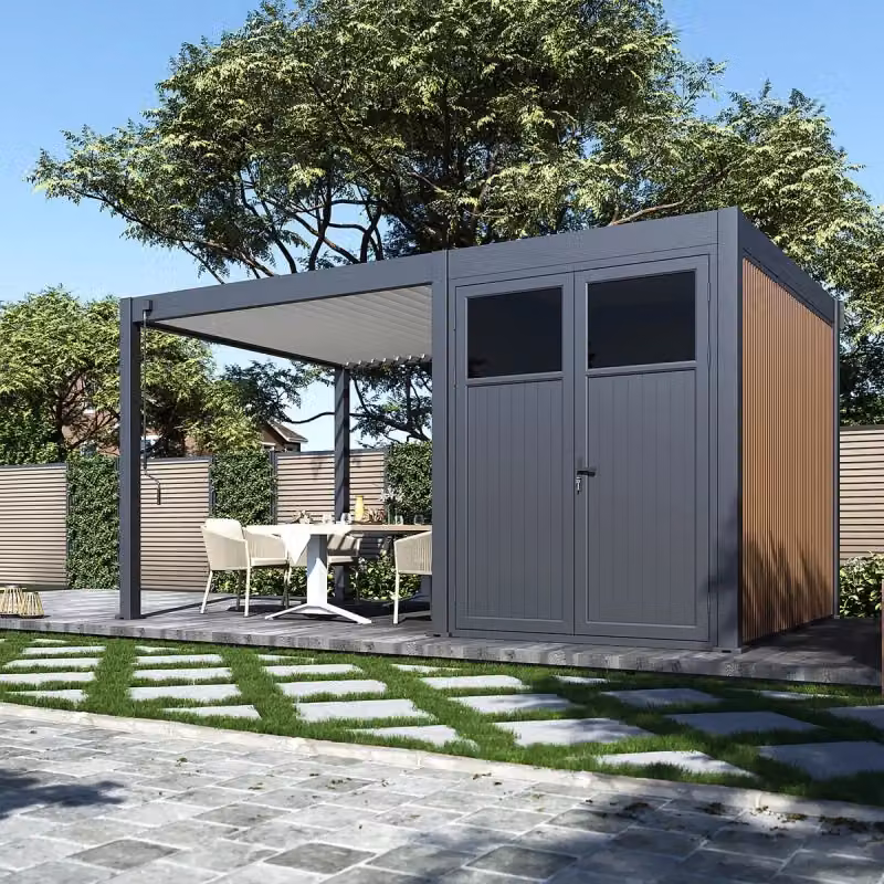 Pool house A&B con ombra in alluminio e WPC grigio, L: 5 m, P: 3 m – 2