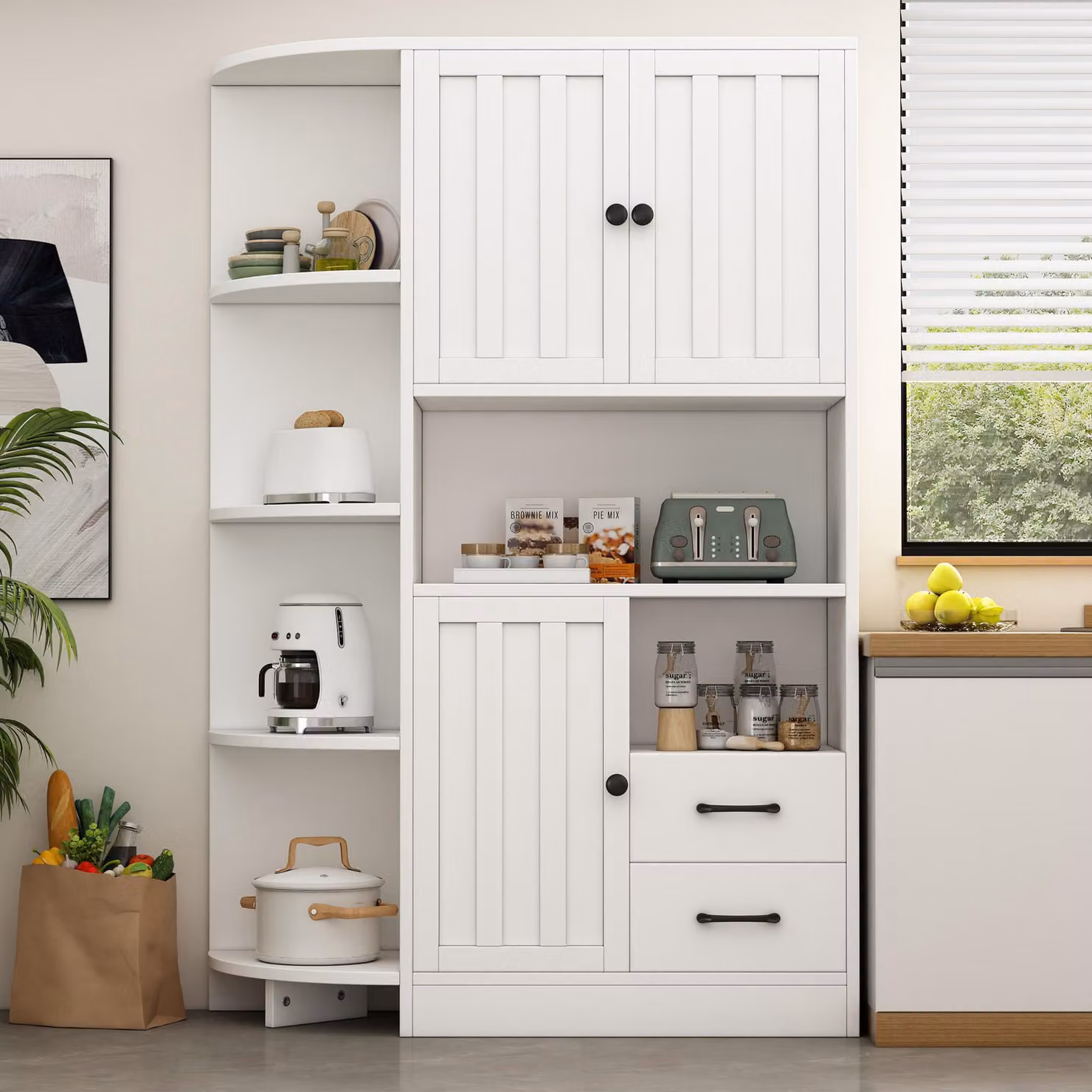 Armadio angolare bianco 104×35×155 cm con 3 ante, 2 cassetti e ripiani