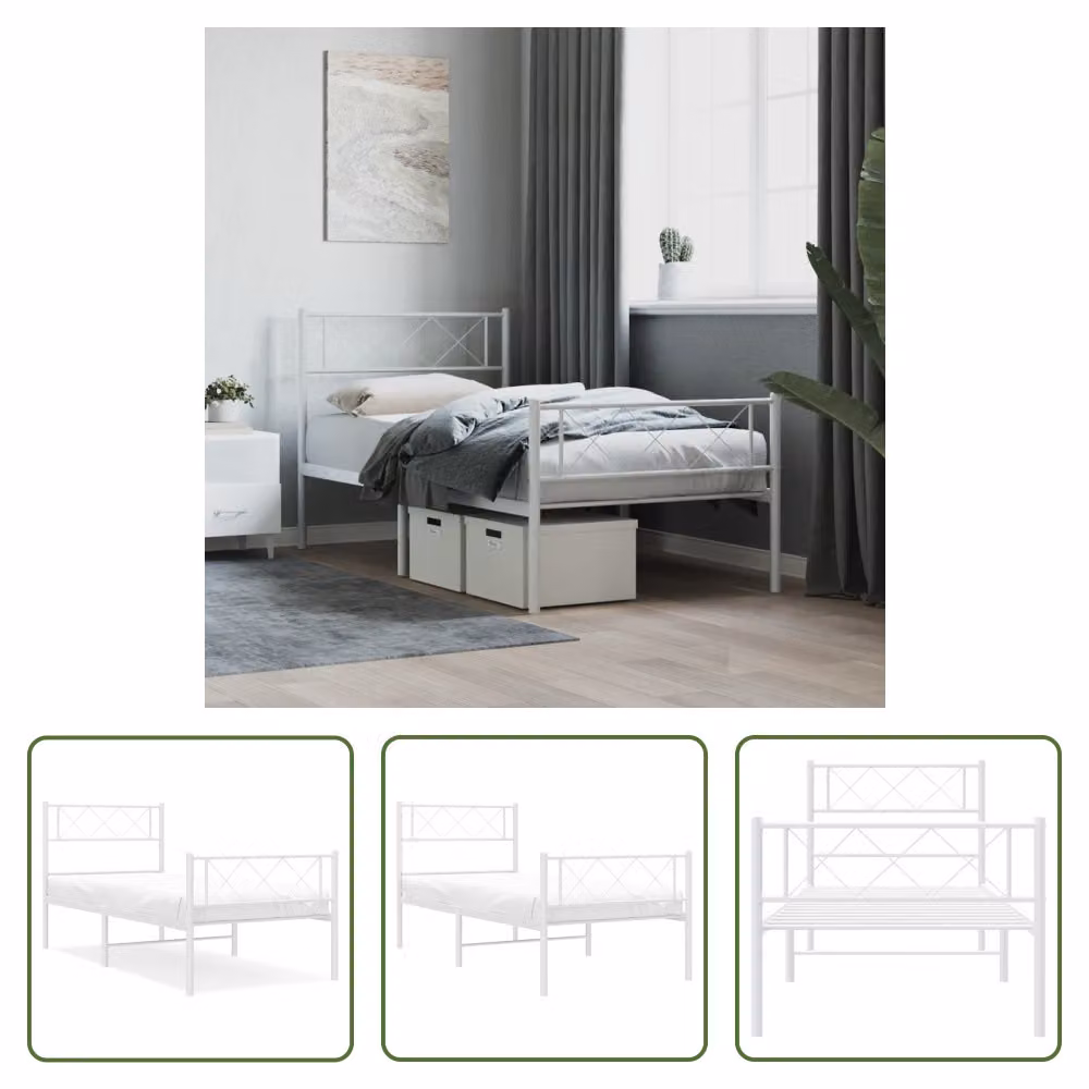 The Living Store Struttura letto con testiera e pediera in metallo bianco 100x200 cm