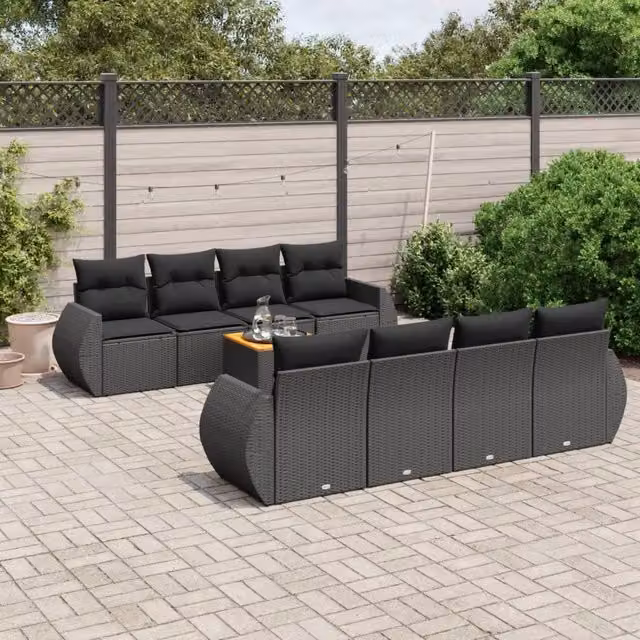 Set Divani da Giardino 9 pz con Cuscini Nero in Polyrattan 3224921