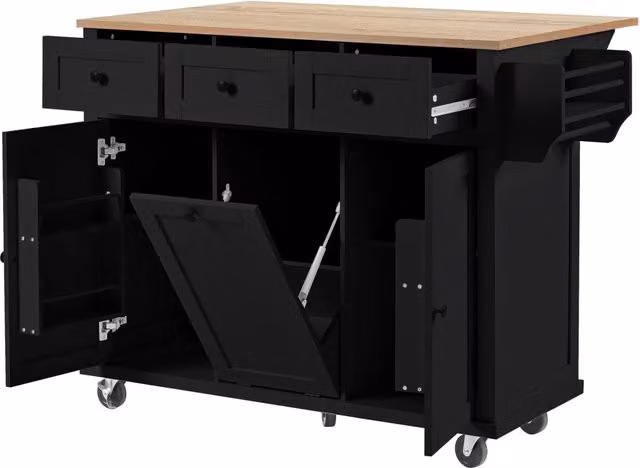 Carrello da Cucina Moderno Nero con Piano Pieghevole, Cassetti e Vano per Pattumiera, L: 112 cm, P: 46.2-76.2 cm, H: 92.7 cm – 1