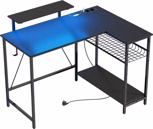 Scrivania Gaming Angolare HOMCOM con LED, Prese Elettriche e Supporto Monitor, Nero