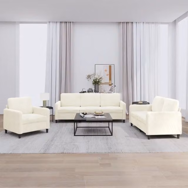 Set di divani 3 pezzi vidaXL in velluto beige e bianco per soggiorno con design moderno e cuscini inclusi