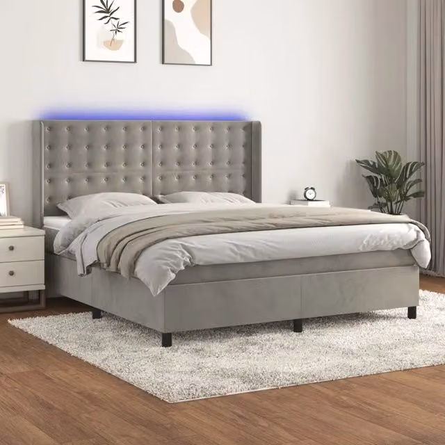 Letto matrimoniale moderno vidaXL in velluto grigio chiaro con illuminazione LED e porte USB, struttura ibrida in legno e tessuto, L: 180 cm, P: 200 cm