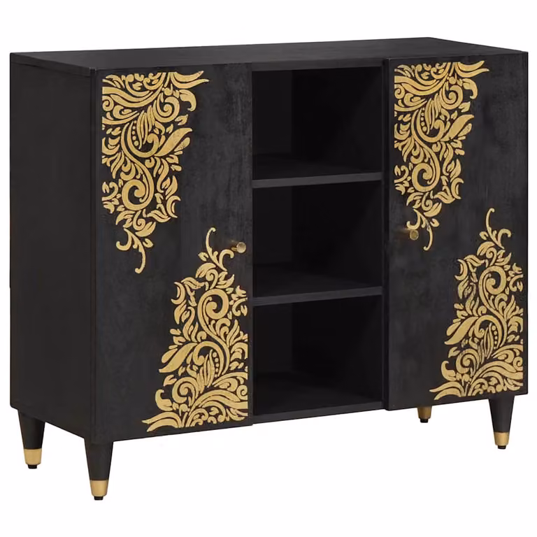Credenza moderna vidaXL in legno di mango massello, colore nero e oro, L 90 x P 33 x H 75 cm