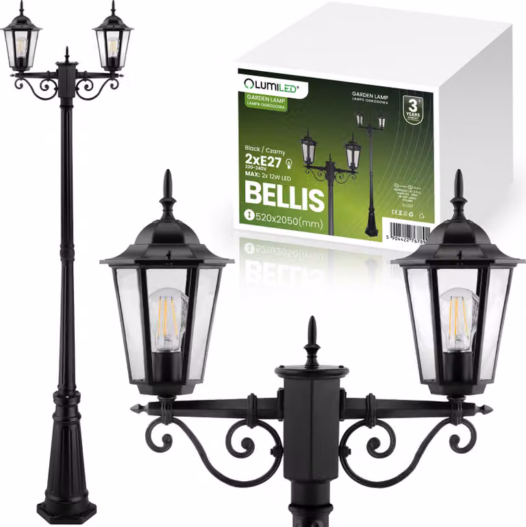 LUMILED luce da sentiero vintage luce da esterno lampada da terra 230V 200 cm lampada da terra lanterna retrò alluminio nero IP44 resistente agli spruzzi 2x presa E27