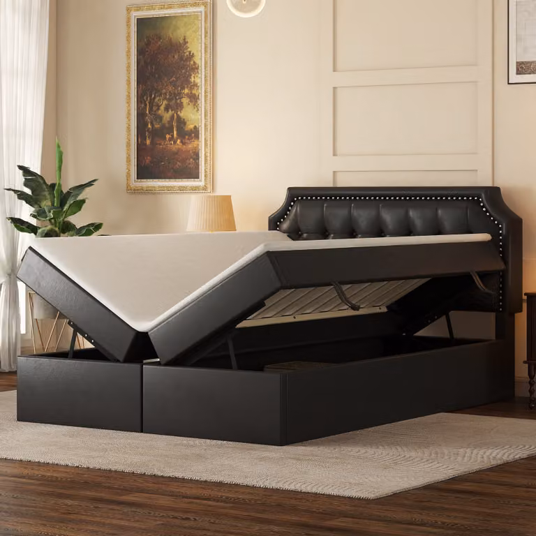 Letto imbottito AIORBER, 140x200 cm, con struttura in metallo, letto matrimoniale, apribile su entrambi i lati, ampio spazio di archiviazione, tessuto PU, resistente, alta capacità di carico, nero