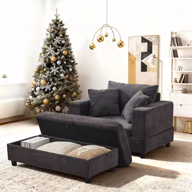 Dormeuse con poggiapiedi e cassetti ¨C Minimal ¨C grigio tessuto con 3 cuscini
