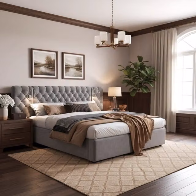 Letto Contenitore REDOM in Velluto Grigio con Luce da Lettura Integrata e Rete a Doghe L/P: 160 x 200 cm
