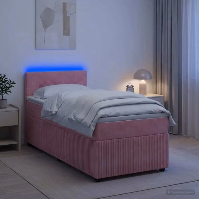 Letto box spring con materasso ibrido vidaXL in velluto rosa, con base contenitore e porta USB, L/P/H: 80 x 200 x 100,5 cm