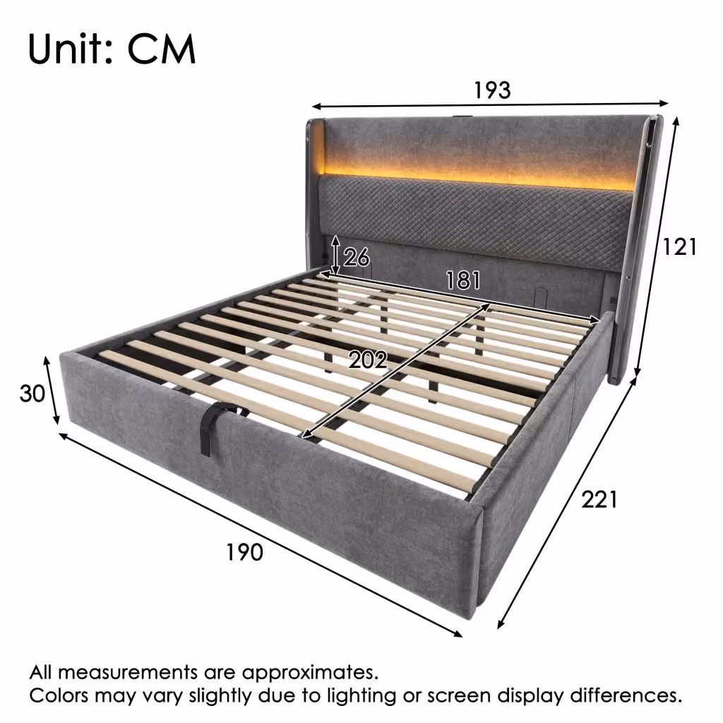 Letto matrimoniale moderno CIPACHO in tessuto grigio con contenitore a sollevamento idraulico, luci LED sottostante, porta USB e luce da lettura integrata, L/P/H: 180 x 200 x 221 cm – 2