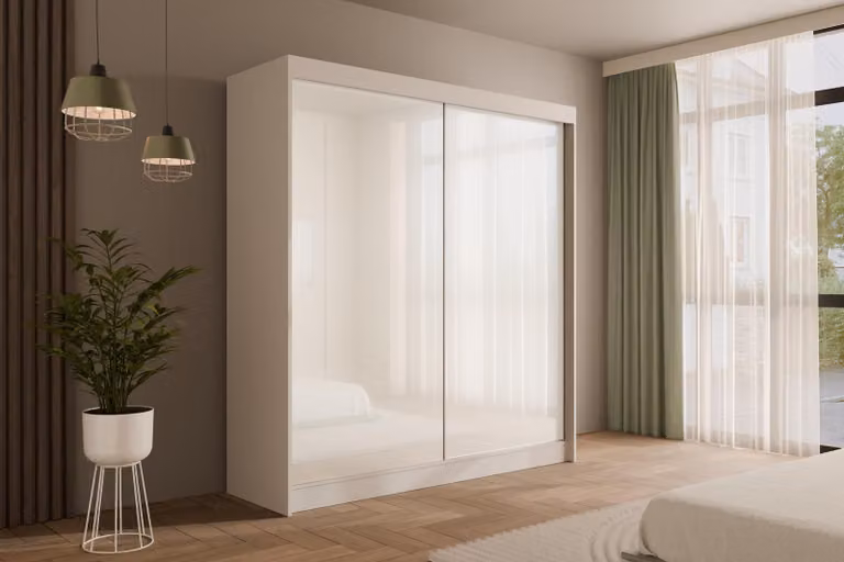 Armadio ALTDECOR con ante scorrevoli Lacobel, guide con cuscinetti a sfera e listelli in alluminio - PEKA - 200 cm Bianco / Bianco
