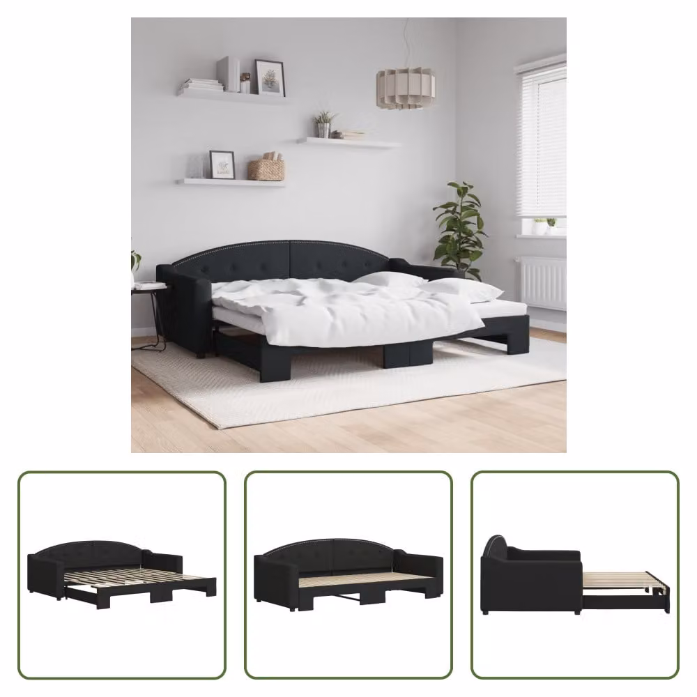The Living Store letto da giorno allungabile nero 90x200 cm in tessuto