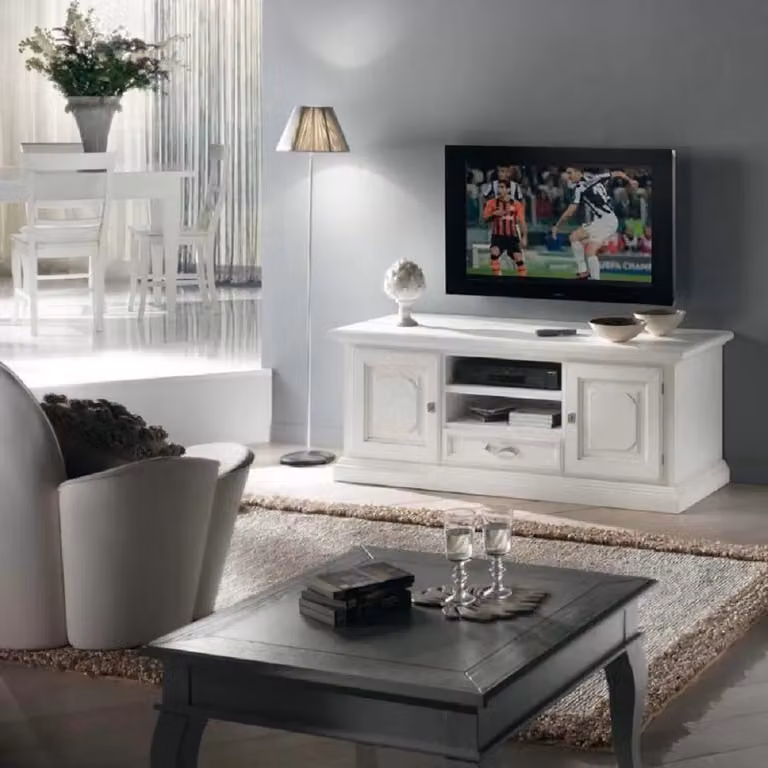 Porta TV Mobili 2G in legno stile shabby chic bianco con 2 ante L: 152 cm, P: 55 cm, H: 60 cm
