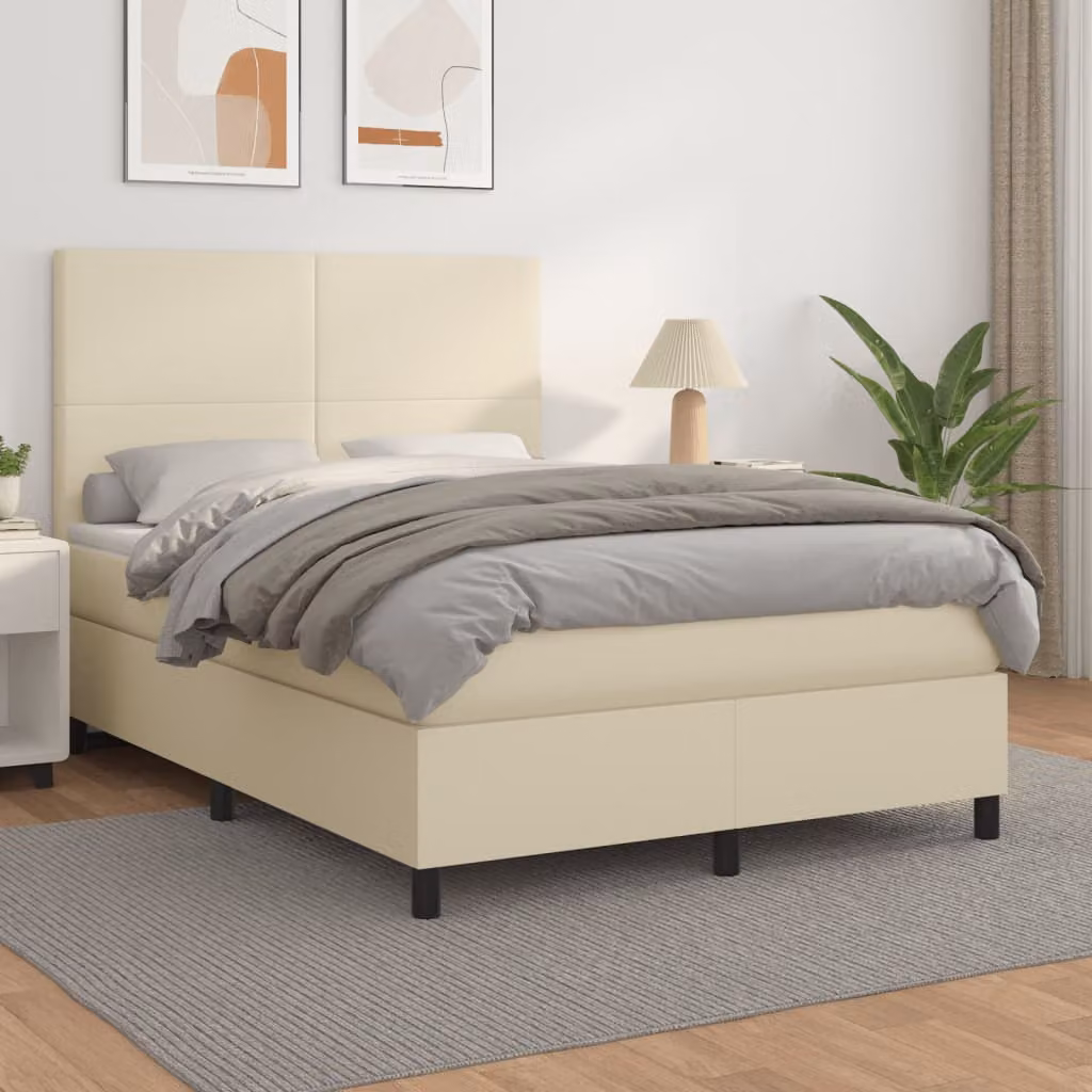 vidaXL Letto a Molle con Materasso Ibrido in Similpelle Beige e Bianco L/P/H: 140 x 190 cm