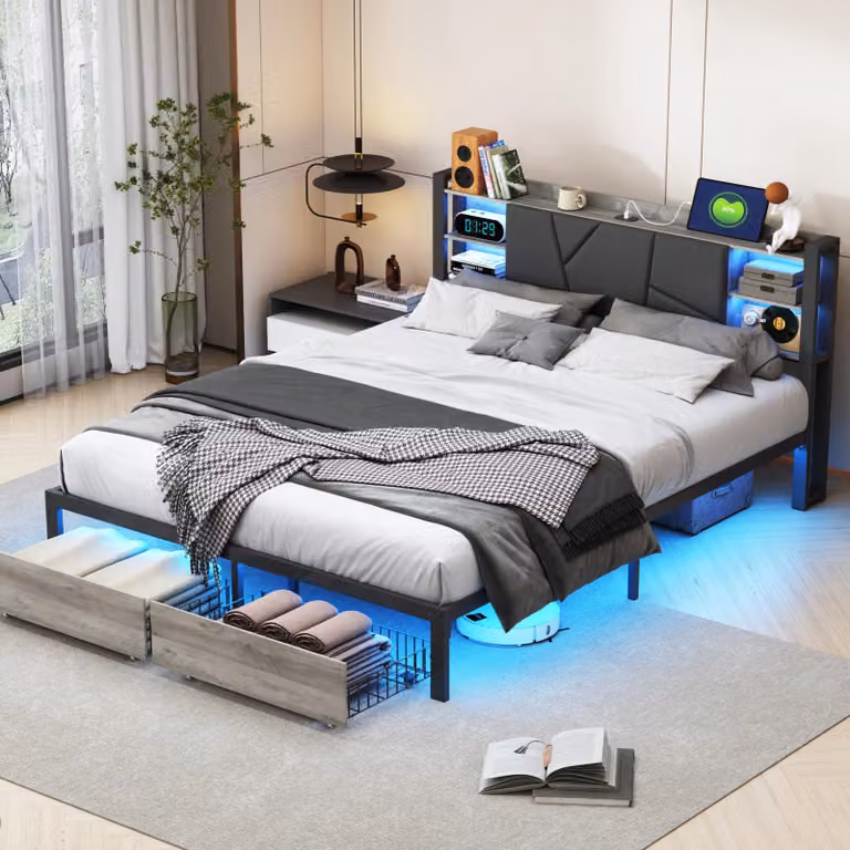 Letto ProximaX in metallo/legno 160×200 cm con illuminazione a LED, doppio cassetto ai piedi e connessione di ricarica EU per camere da letto moderne