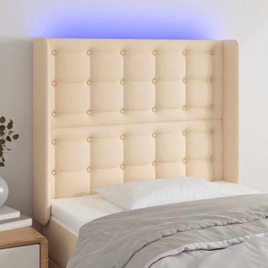 Testiera per letto con illuminazione LED e porta USB vidaXL in tessuto beige, L: 83 cm, P: 16 cm, H: 118-128 cm