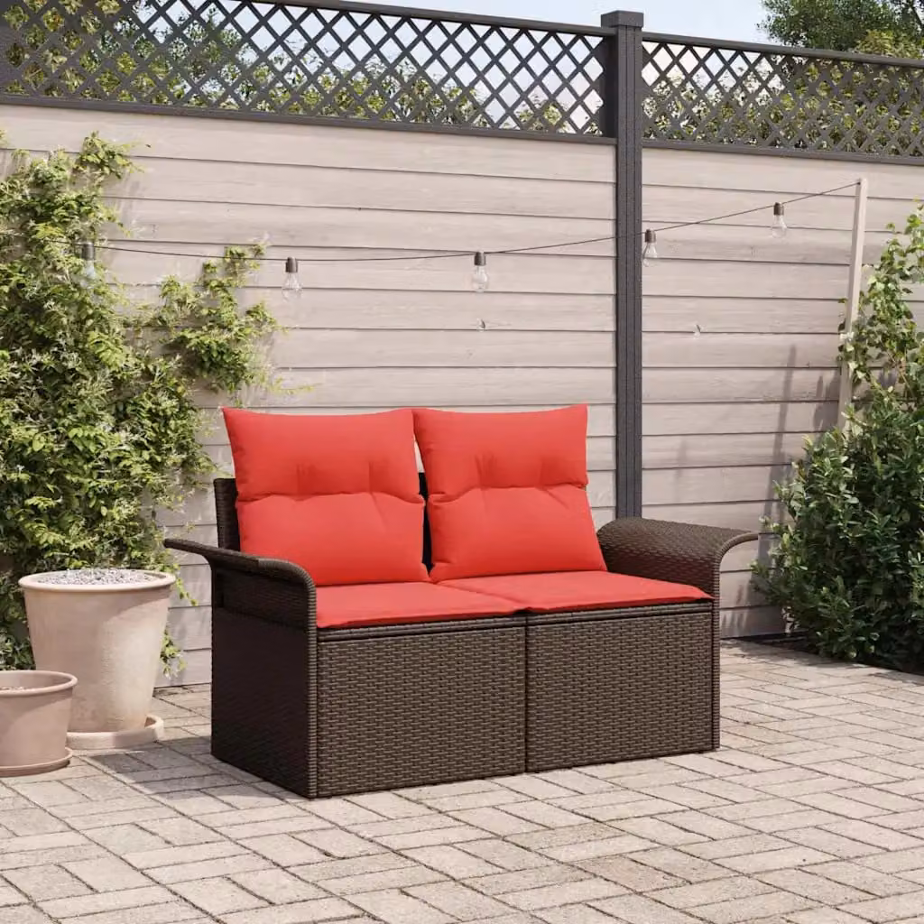 Divano da giardino vidaXL a 2 posti in polyrattan con cuscini, design moderno a forma di U, resistente ai raggi UV, colore marrone e rosso