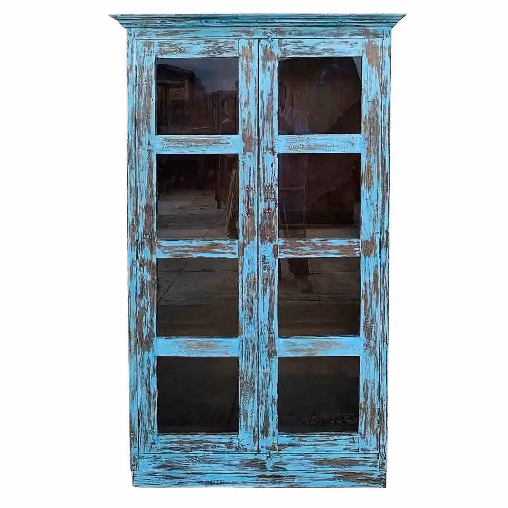 Vetrina artigianale in legno WANDERLUST DECO con ante in vetro e finitura blu stile rustico L: 100-110 cm, P: 40-45 cm, H: 170-180 cm – 2
