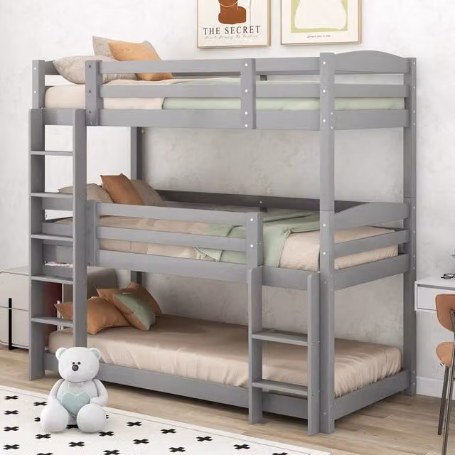 Letto a castello a 3 posti 90 × 200 cm, barriere, 2 scale e trasformabile, senza materasso, pino grigio