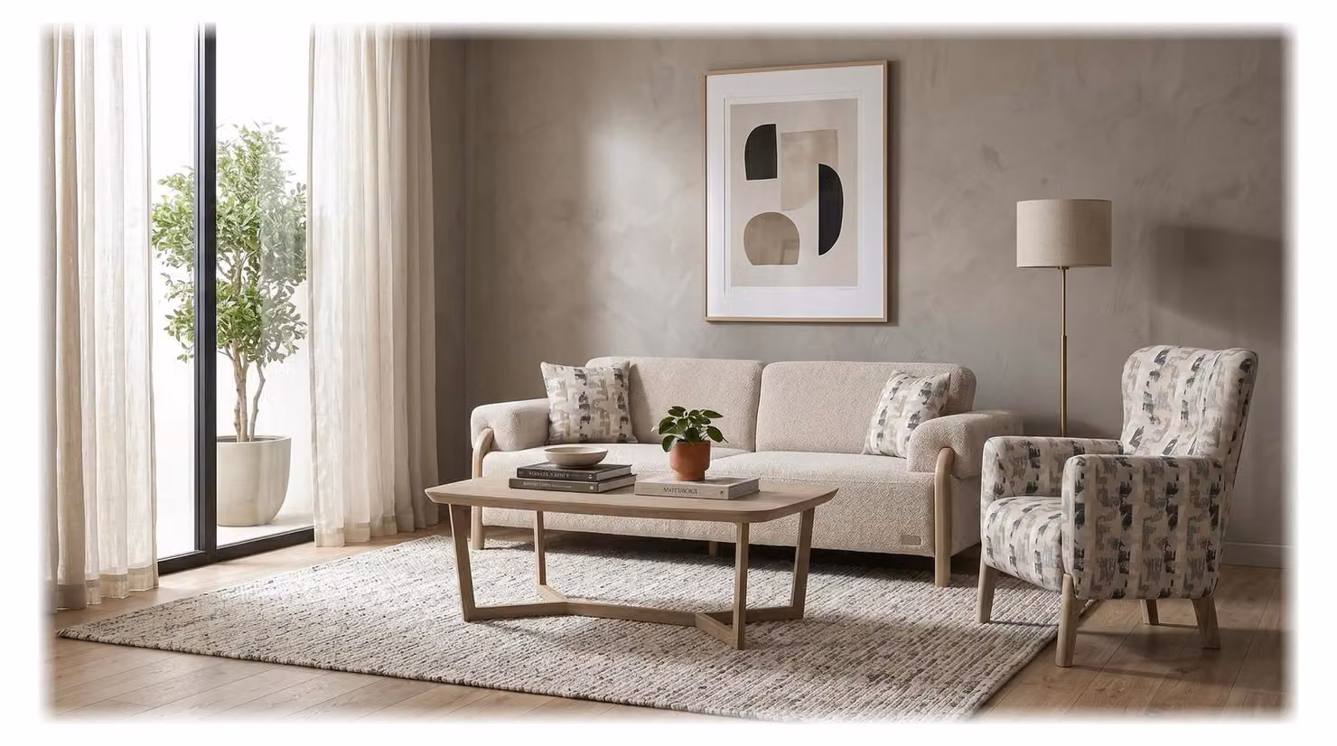 Divano componibile a 3 posti, colore beige, tessuto bouclé, design moderno