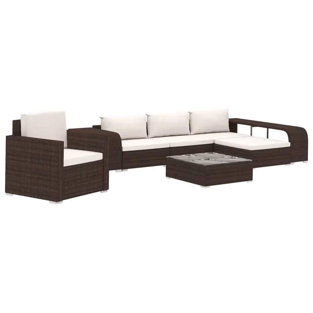 Set da giardino moderno vidaXL composto da 8 pezzi con divano a 3 posti, pouf, tavolino da caffè e cuscini in rattan marrone e bianco con struttura in metallo e coperture rimovibili – 2
