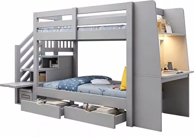 Letto a castello 90 × 200 cm 2 posti con scrivania, mensole, LED e cassetti, senza materasso, in legno grigio