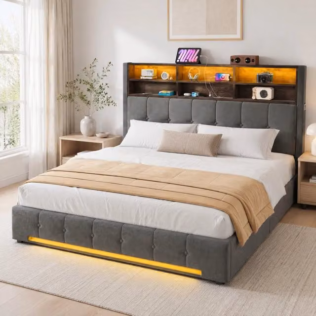 Letto contenitore 180x200 cm in velluto grigio scuro con LED, USB-C e testiera multifunzione