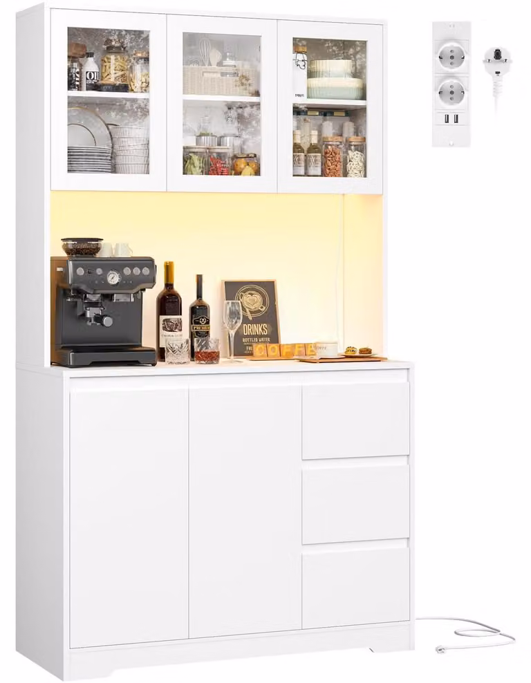 Mobiletti da cucina con illuminazione a LED e presa multipla, dimensioni 180x100x38,5 cm, colore bianco