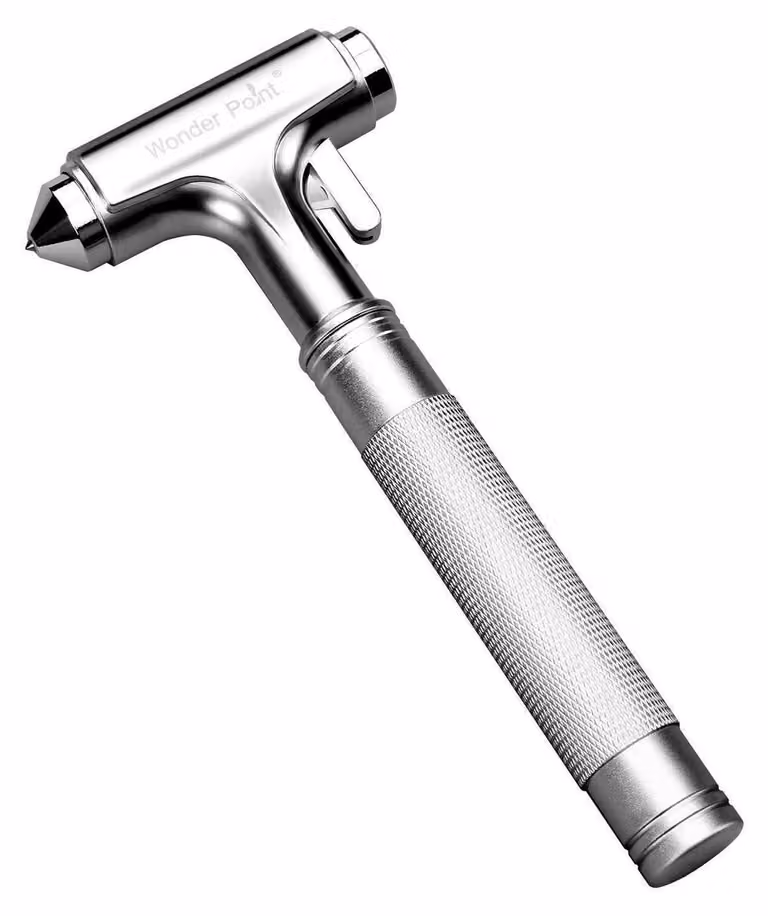 Martello di emergenza auto 3-in-1: taglia cinture di sicurezza, rompe vetri, realizzato in alluminio, colore argento, confezione da 2 pezzi