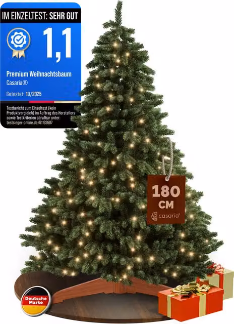 Albero di Natale artificiale Premium 180 cm con catena luminosa e supporto in legno FSC®