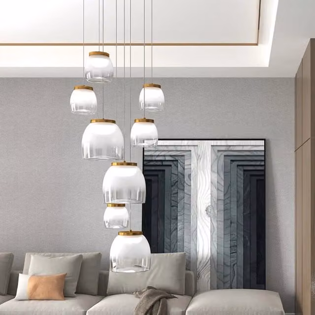 Lampadario a sospensione moderno Drum con 8 luci LED, struttura in metallo bianco e oro con vetro trasparente, luce bianca calda e altezza regolabile