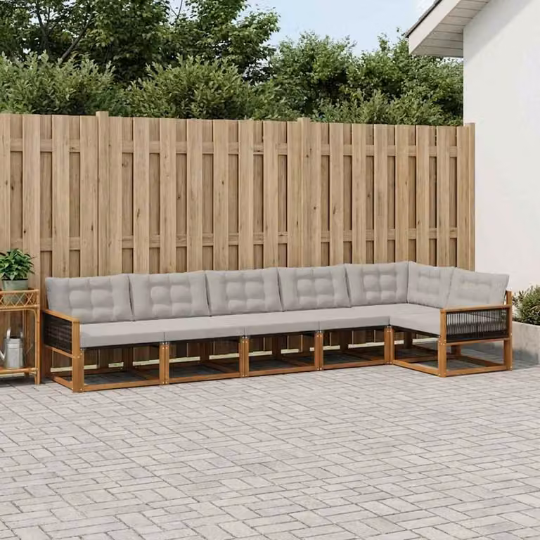 Set di divani da esterno a L vidaXL in legno di acacia con cuscini beige e grigio per giardino e terrazza
