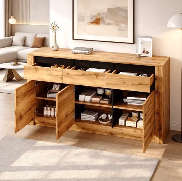Madia MODFU in MDF con 3 cassetti, effetto legno naturale, marrone e nero, L 140 cm x P 35 cm x H 70 cm