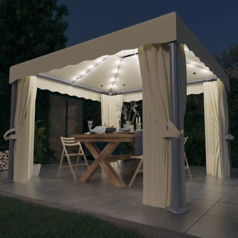 The Living Store gazebo con tende e luci LED 3x3 m bianco crema