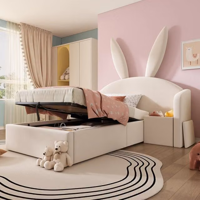 Letto imbottito 90 x 190 cm in velluto con testiera a orecchie di coniglietto, contenitore idraulico e comodino - Beige, senza materasso