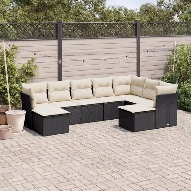 Set Divani da Giardino 9 pz con Cuscini Nero in Polyrattan 3218566
