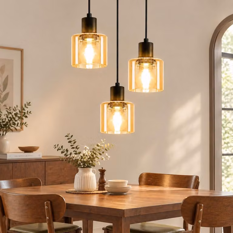 Lampada a sospensione ZMH, vetro, 3 luci, rotonda, attacco E27, stile retrò, nera. Lampada a sospensione per sala da pranzo, stile industriale, ideale per tavoli da pranzo