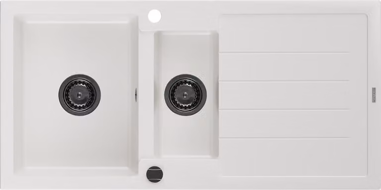 Mexen Andres lavello in granito a 1,5 vasche con sgocciolatoio 1000 x 500 mm, bianco, sifone nero - 6515101510-20-B