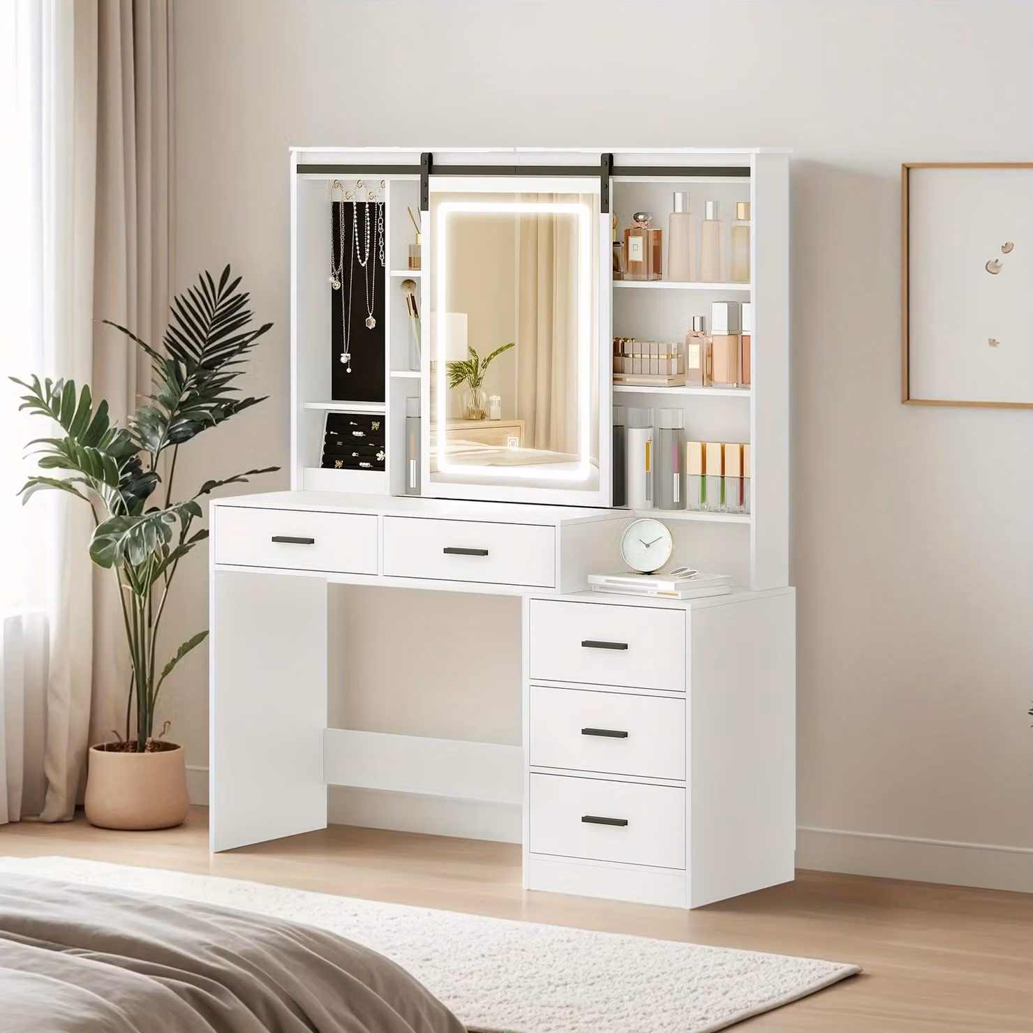 Comò da trucco moderno con specchio scorrevole e illuminazione LED regolabile
