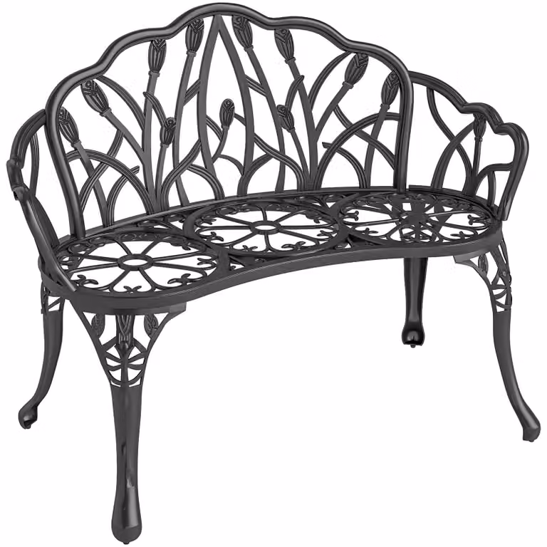 Panca da giardino in alluminio per due persone, con motivo floreale. Colore: nero. Dimensioni: 99x57x78 cm