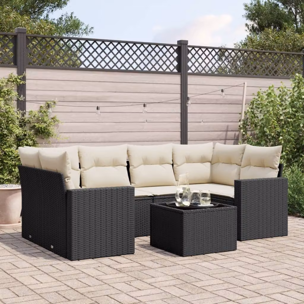 vidaXL Set Divano da Giardino a L con Tavolino e 7 Cuscini, Polyrattan e Metallo, Nero e Bianco – 1