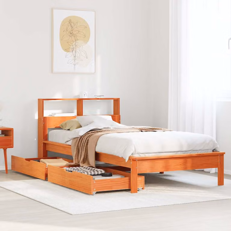 Letto Libreria vidaXL in Legno di Pino Massiccio Marrone Cera con Cassetti L/P/H: 90 x 200 cm