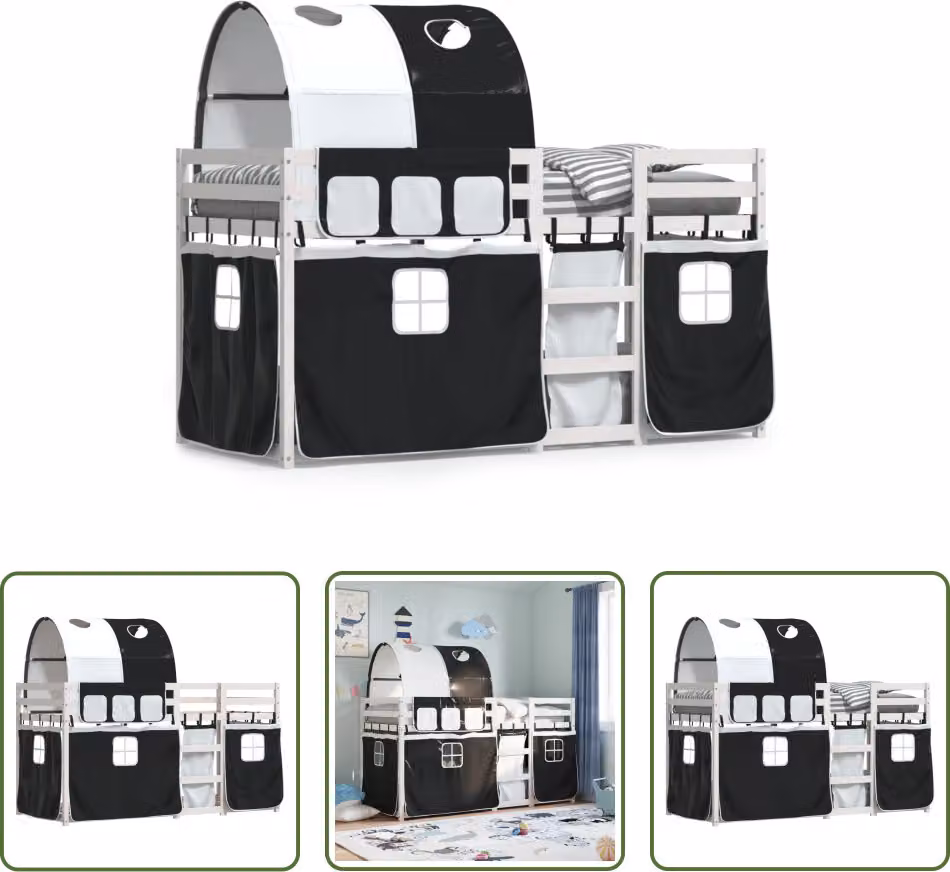 The Living Store Letto a castello con tende bianco e nero 80x200 cm in legno di pino