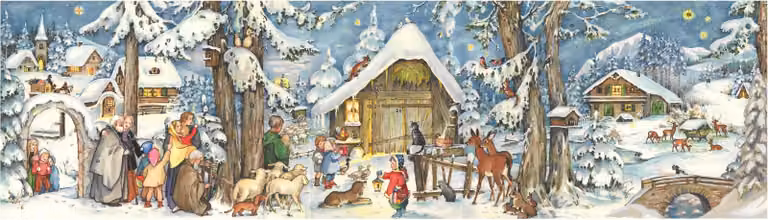 Calendario dell'Avvento panoramico "Inverno nel bosco" con motivo della stalla