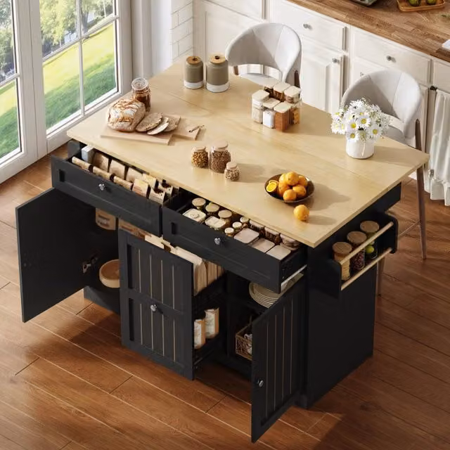 Isola da cucina pieghevole REDOM in MDF nero opaco con ruote, L 120 cm x P 45-70 cm x H 92 cm