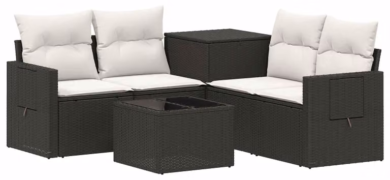 Set di divani da esterno, 6 pezzi. Colore: nero e crema. Materiali: rattan sintetico e acciaio