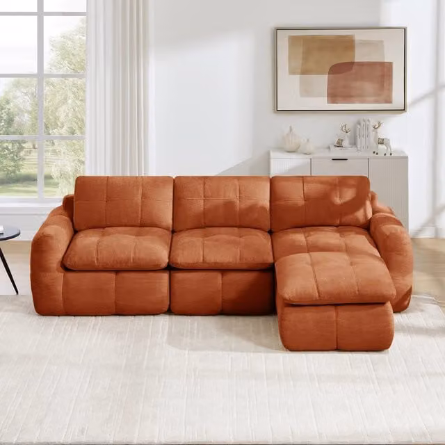 Divano modulare angolare 3 posti con pouf in ciniglia arancione; 264x160 cm