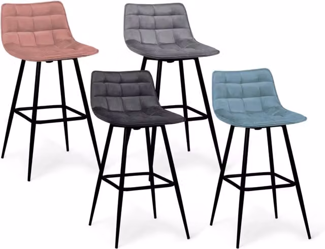 Set di 4 sgabelli da bar MADY IDMarket in velluto con struttura in metallo, colori blu pastello, grigio chiaro, grigio scuro e rosa