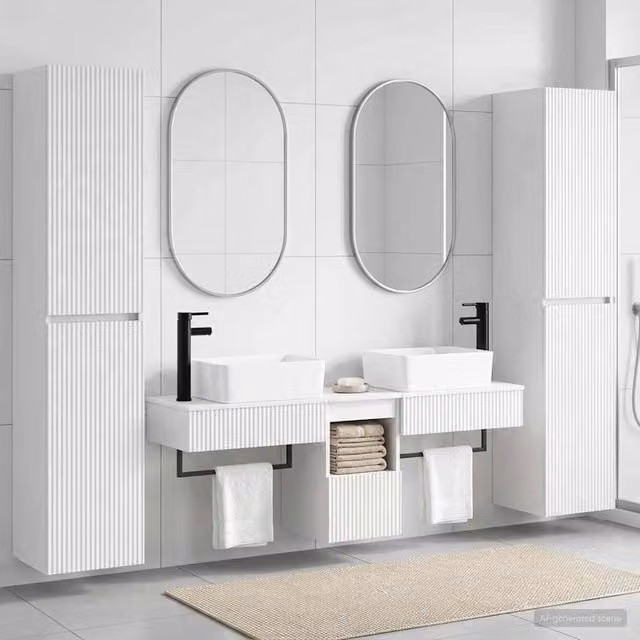 Set di mobili da bagno moderno vidaXL in legno bianco lucido con mobile sottolavabo e pensile a parete